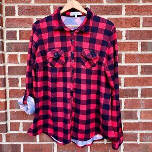 Eden & Olivia Flannel Shirt Womens XL Red Buffalo Plaid Long Roll Tab Sleeves